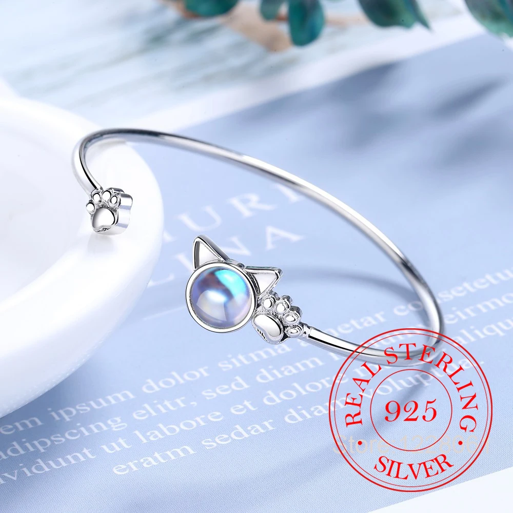 

925 Sterling Silver Bracelets For Women Moonstone Cat Paw Cuff Bangle Jewelry Wedding Engagement Charm Party Gift