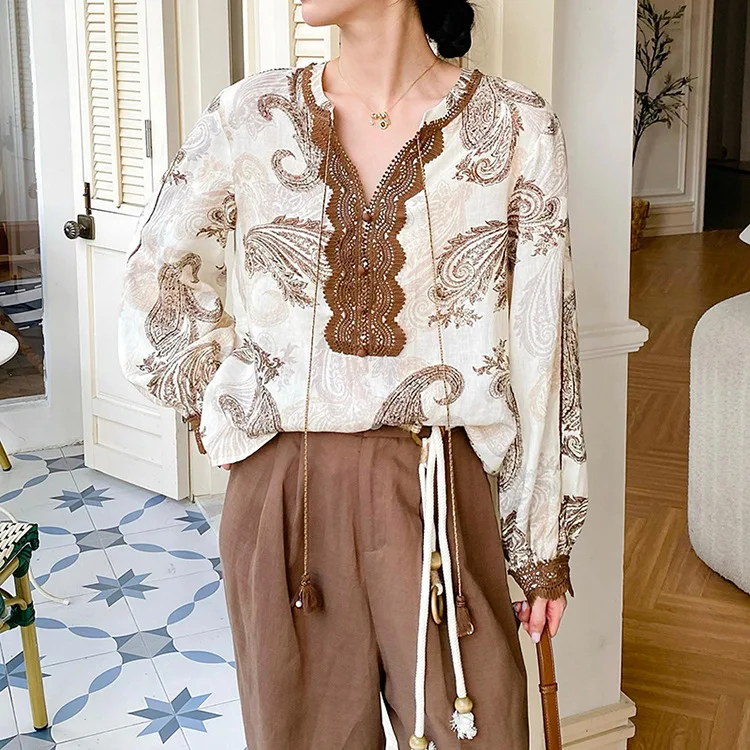 Boho Vintage Printed Blouse Shirt Women Elegant Lyocell Linen Spring Autumn V-neck Long Sleeve Ladies Loose Casual Ladies Tops