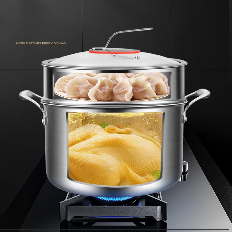 KENGQIANG 316 stainless steel deep double ear soup pot Congee stewing induction cooker cooking pot stockpot kitchen accessories
