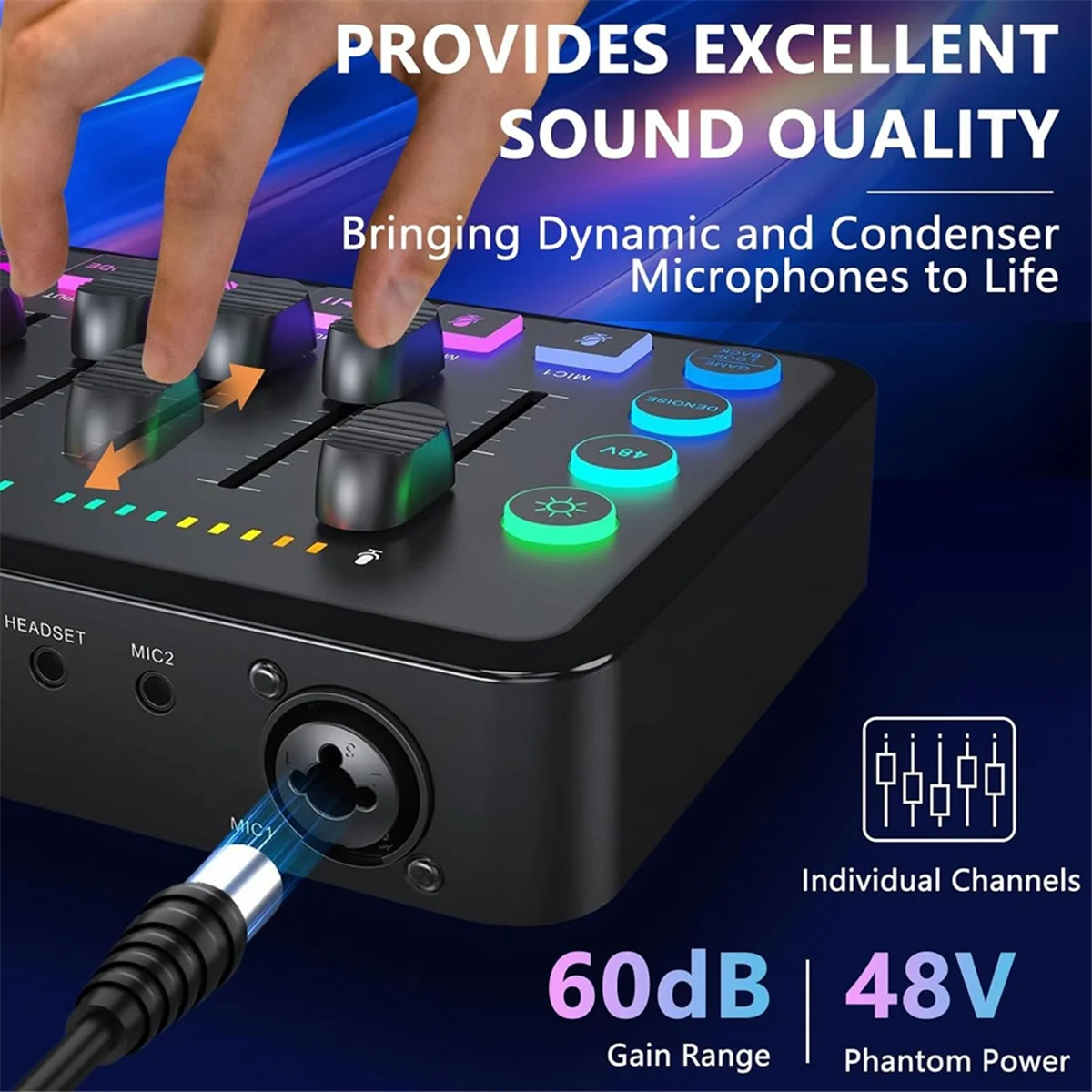 Gaming Audio Mixer, Streaming RGB PC Mixer with XLR Microphone Interface, Volume Fader, 48V Phantom Power for Podcast