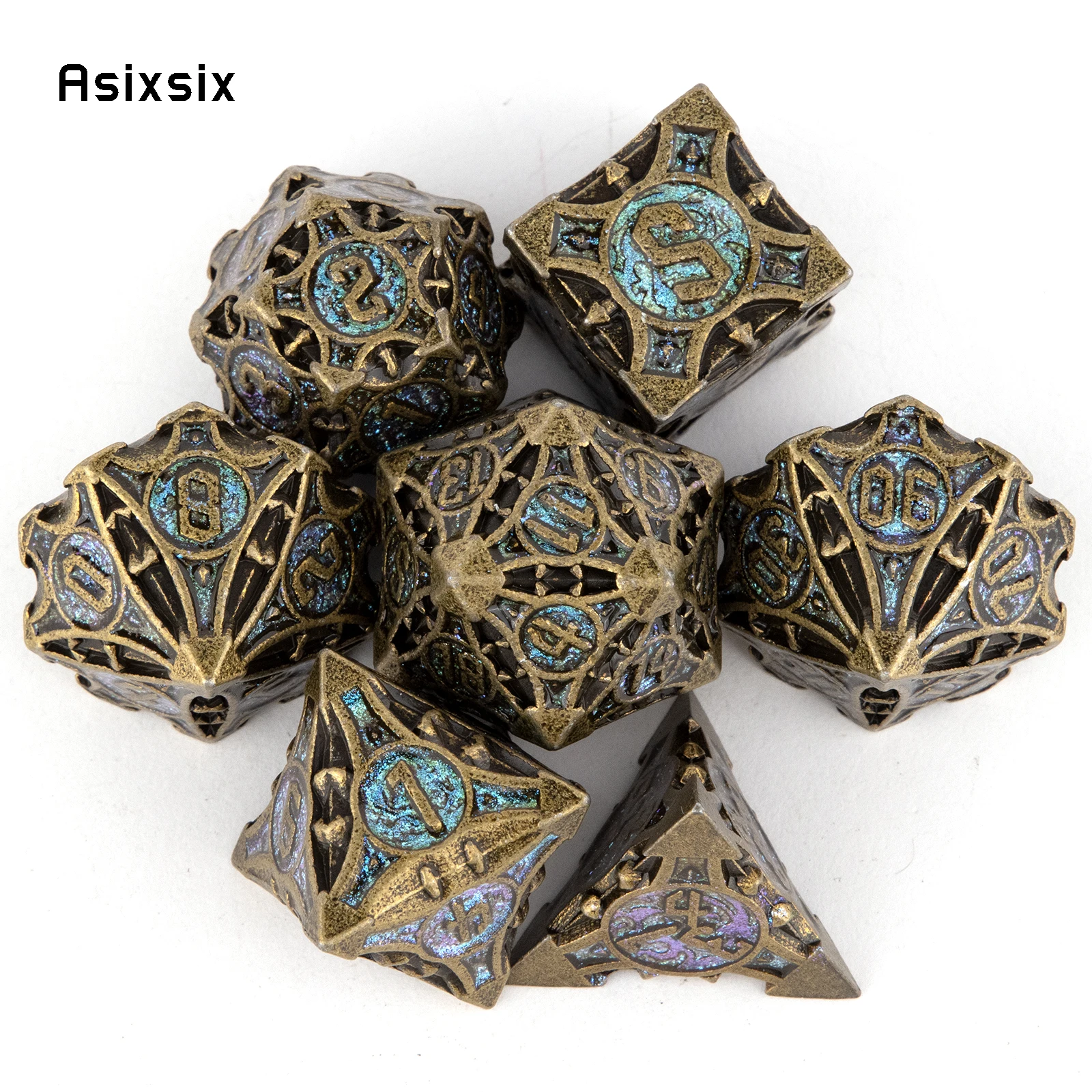 

7 Pcs Copper Blue Metal Dice Solid Metal Polyhedral Dice Set Suitable for Role-Playing RPG Board Game Card Game
