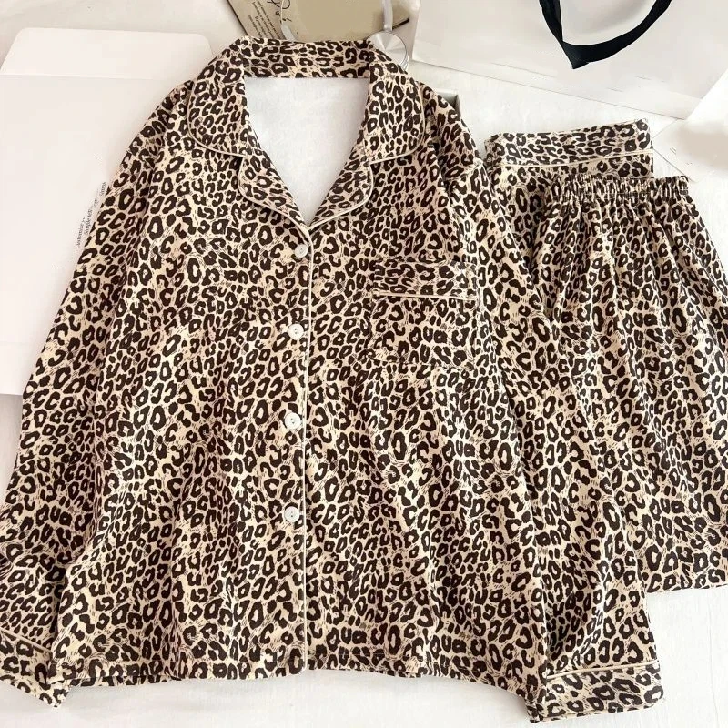 

New Vintage Leopard Print Two-Piece Set Pajamas French Casual Fashion Lapel Neck Women's Pajamas Set Long Sleeve Loungewear 2025