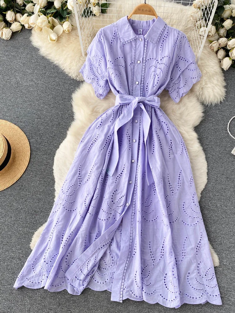 

Women's Hollowed Out Short Sleeved Beautiful Long Dress Temperament Clothing Sweet Korea Chic Summer 2023 purple Robe H215