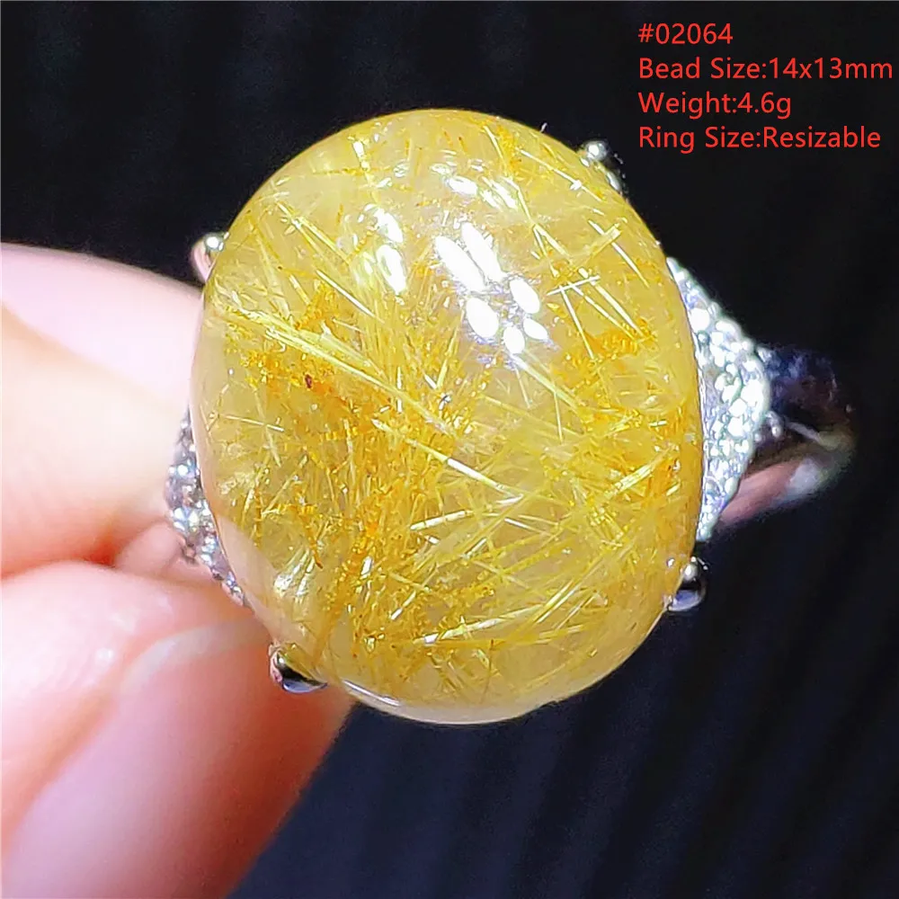 Natural Gold Rutilated Quartz Adjustable Ring Women Men 925 Sterling Silver Wealthy Bead Rutilated Ring Jewelry AAAAAA