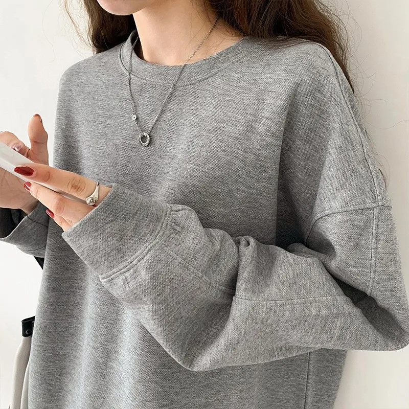 

Hoodies Women Solid Color Loose Lazy Autumn New Korean Style Leisure O-Neck Long Sleeve Chic All-match Simple Ladies Sweatshirts