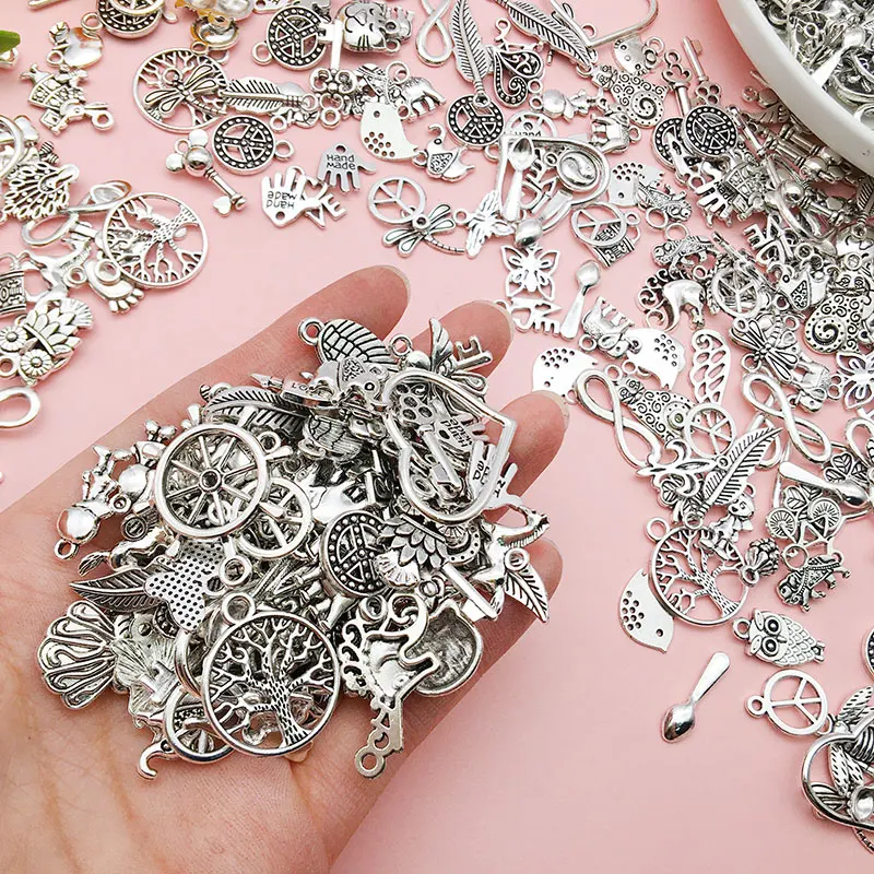 Random Mix 20/30/50/100/200/300Pcs Bulk Antique Silver Pendant Animal Heart Star Plant Charm For Diy Earrings Jewelry Making