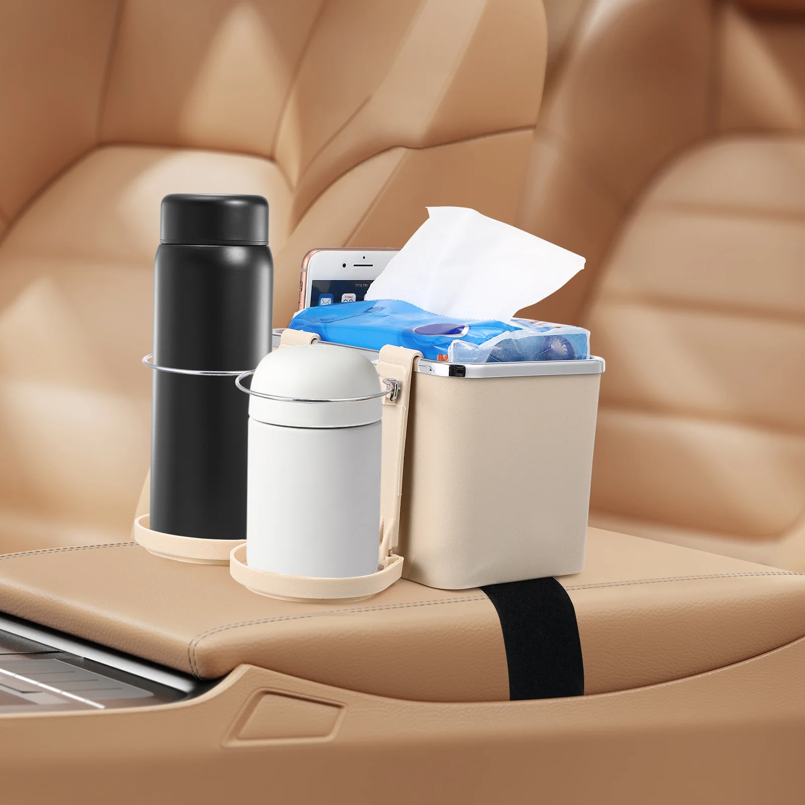 

Car Tissue Box with Foldable Cup Holder Armrest Storage Box Center Console Organizer for Phones Keys Easy Install Resilient ABS