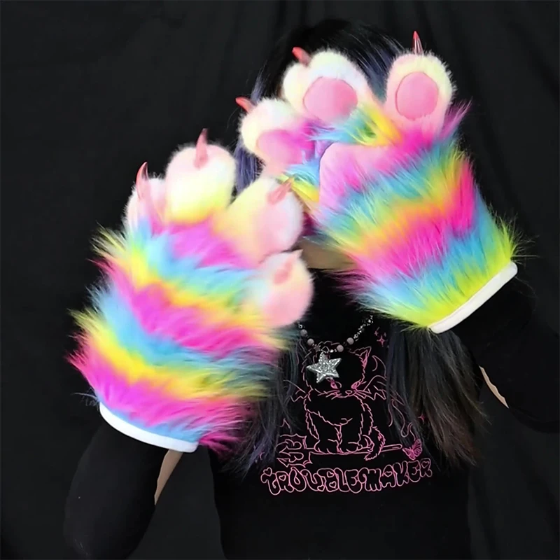 Rainbow Furry Cat Claw Gloves Beast Paw Mittens With Nail Kig Fursuit Kigurumi Halloween Party Anime Carnival Cosplay Costumes