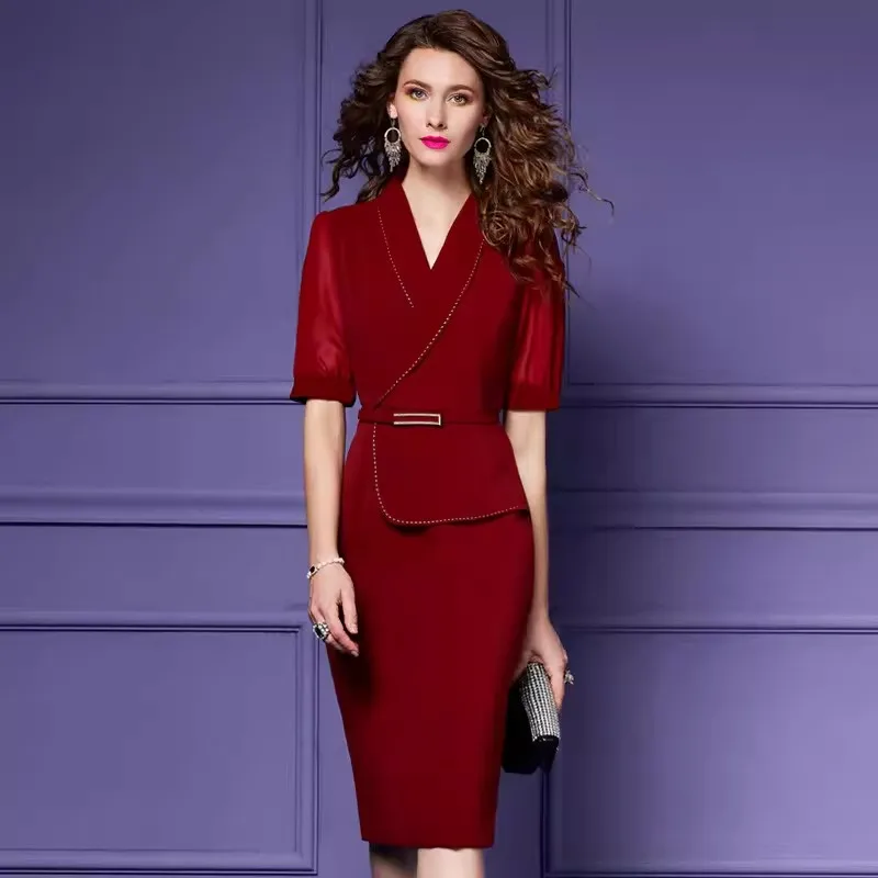 

Elegant Office Lady Knee Length Pencil Dress Women Summer Designer Short Sleeve Plus Size Party Cocktail Dresses 2024 Female