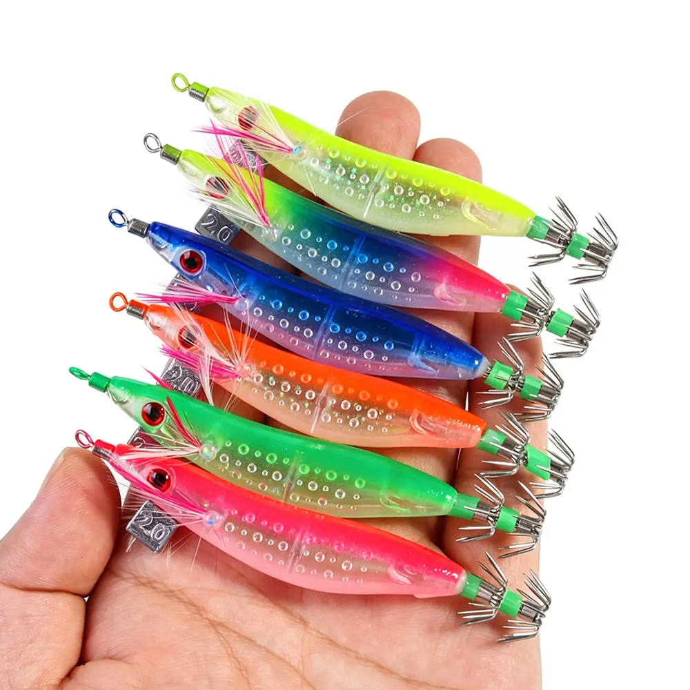 5 Stück 9,4 cm 9,1 g Leuchtendes Tintenfisch-Jig-Köder-Set 2.0 # Leuchtender Holz-Garnelen-Hartköder für Oktopus, Tintenfisch, Salzwasser-Angelzubehör – Detail 3