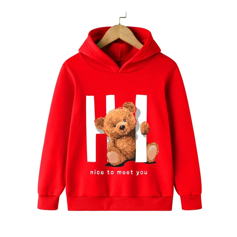 Otoño Kawaii Hola oso de peluche estampado sudaderas con capucha para niños niñas niños ropa de bebé Casual moda polar niños sudadera pulóver Tops