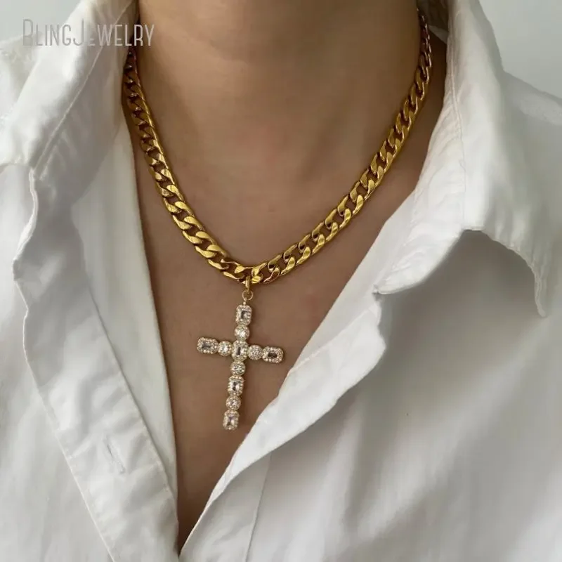 10pcs Gold Color Zircon Cross Choker Catholic Religious Necklace Stainless Steel Chain Christian Gift Women Statement Jewelry