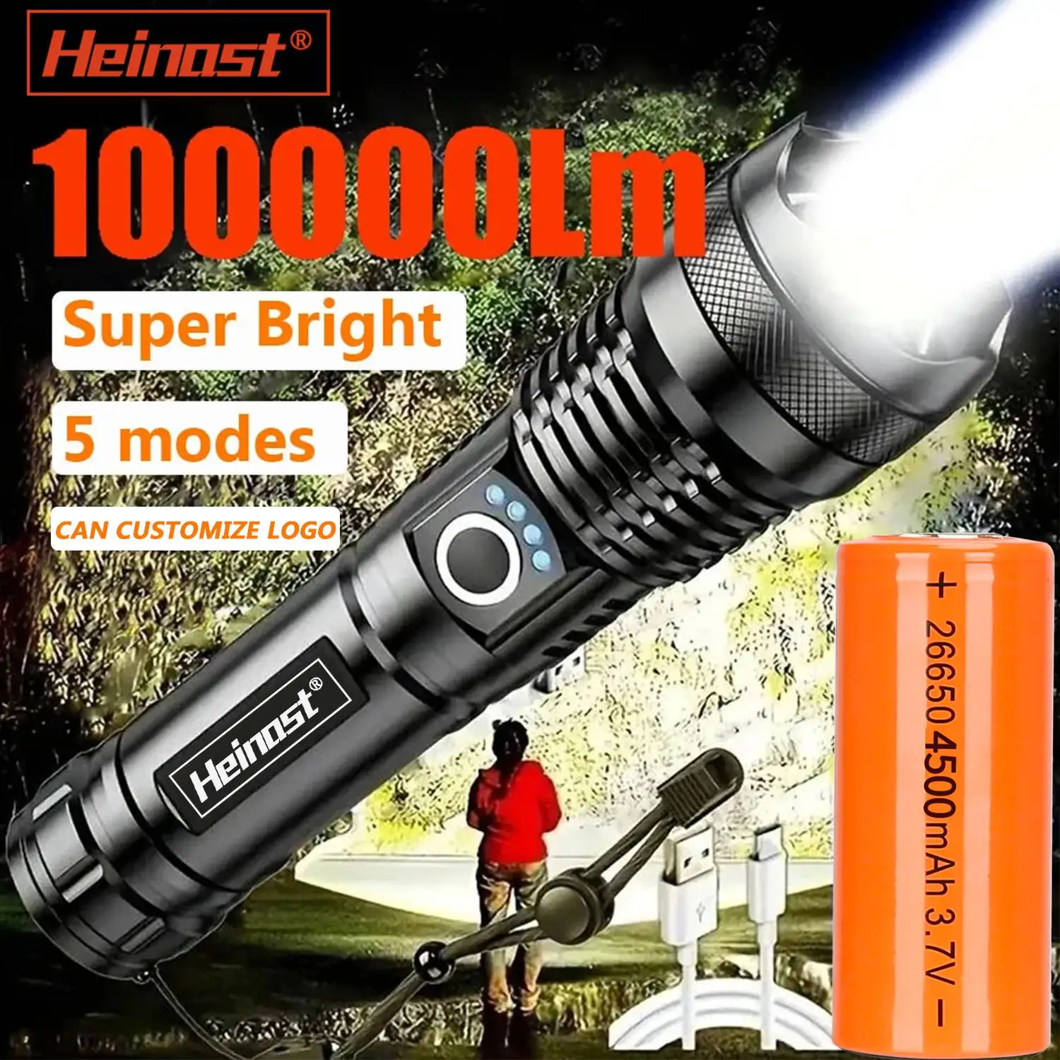 Heinast High Power LED Flashlight Rechargeable Torch Tactical Lantern Ultra Powerful Flashlight With USB Charging Outdoor