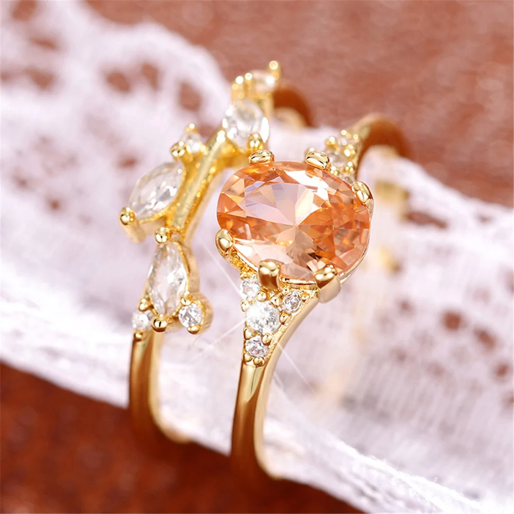 2pcs Female Gold Color White Zircon Stacking Couple Ring Set Bridal Wedding Bands Party Jewelry For Women