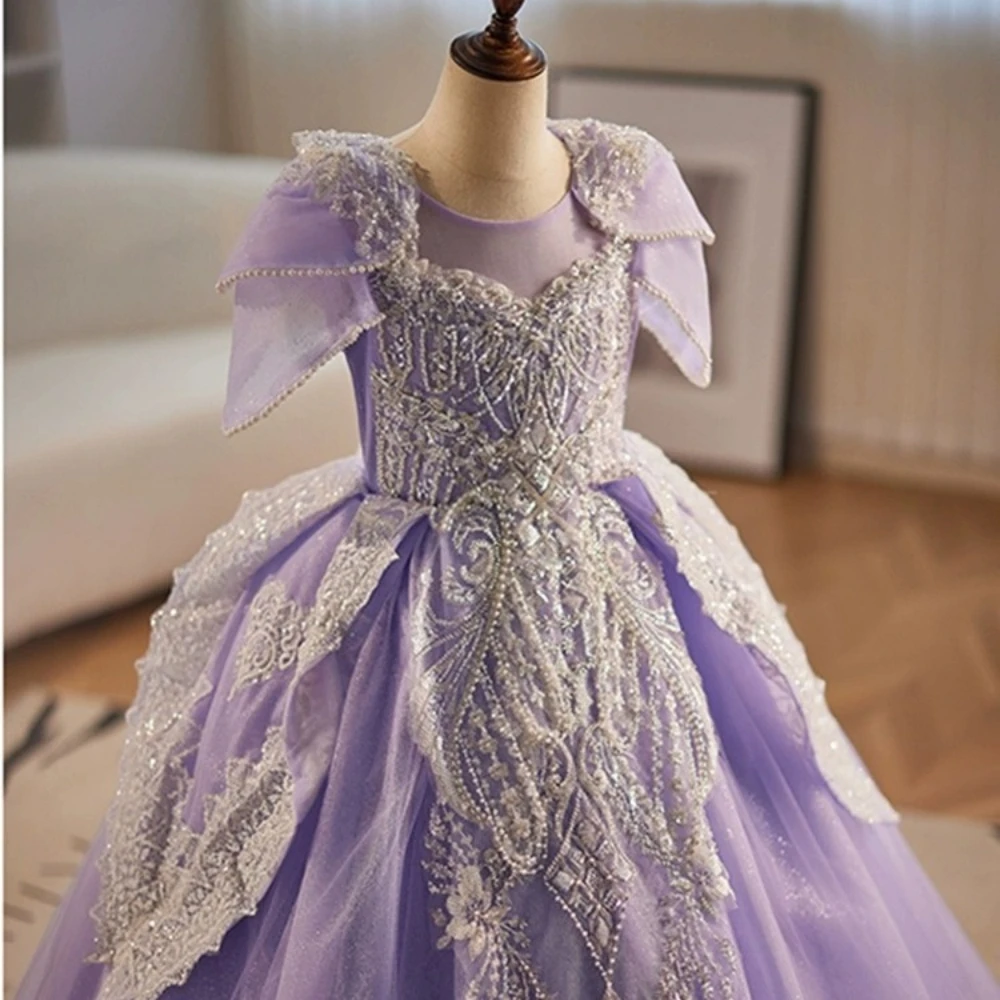 Popolari abiti da ragazza di fiore viola per matrimonio graziosi ricami glitter perline abito da ballo in pizzo costumi da passerella per presentatore lungo