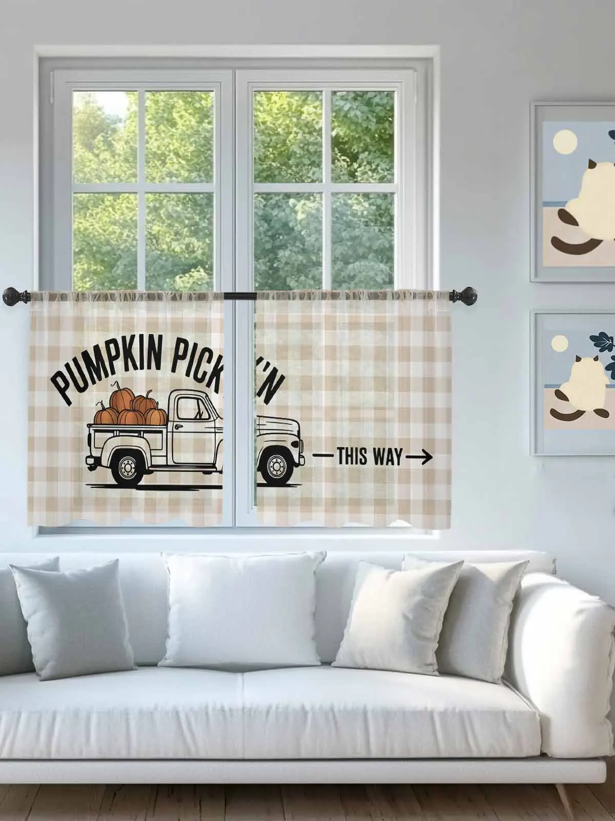 

Pumpkin Car Thanksgiving Plaid Sheer Voile Curtains for Living Room Window Treatment for Bedroom Kitchen Drapes