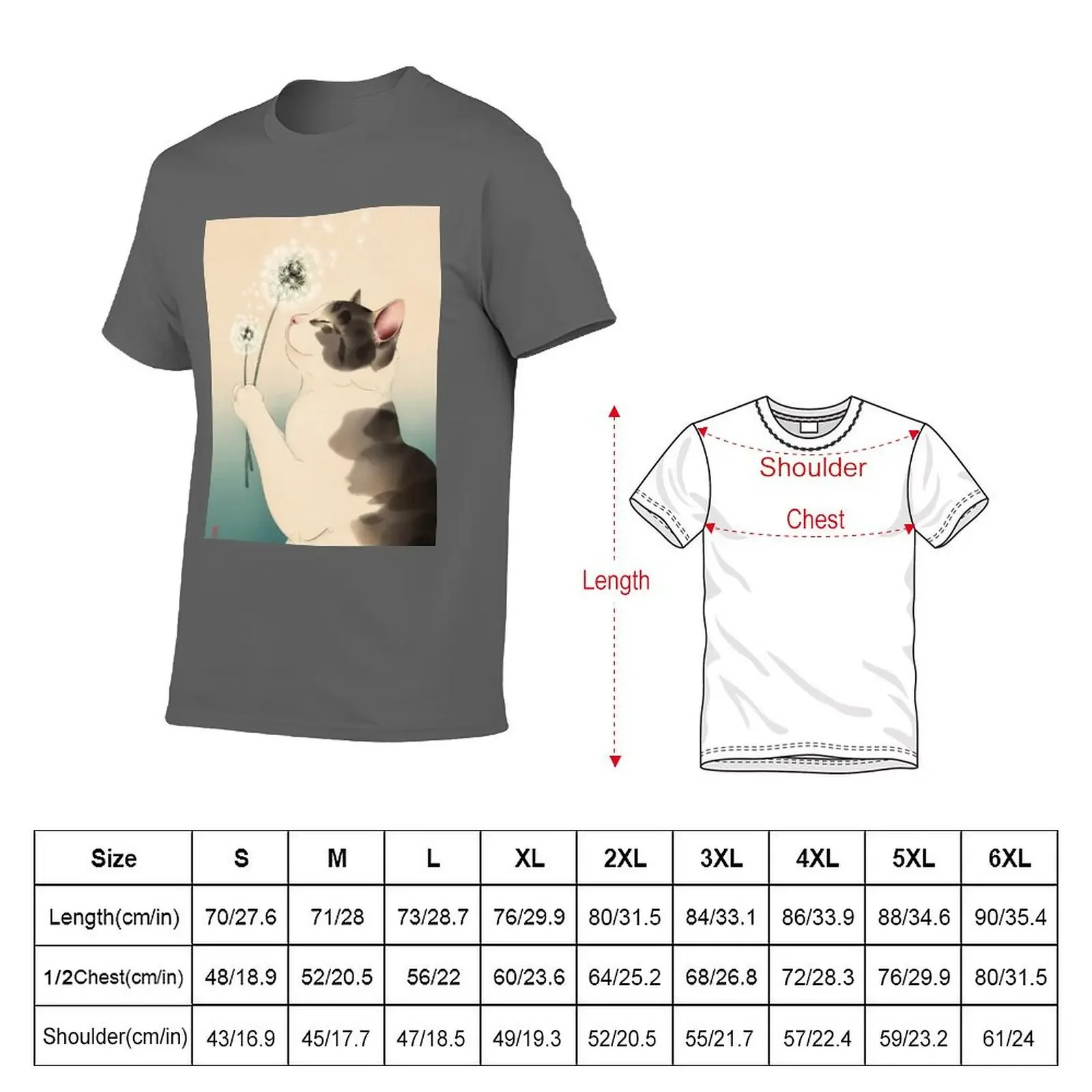 Vintage Cat Wish com Dandelion Print T-shirts, Tees gráficos para homens