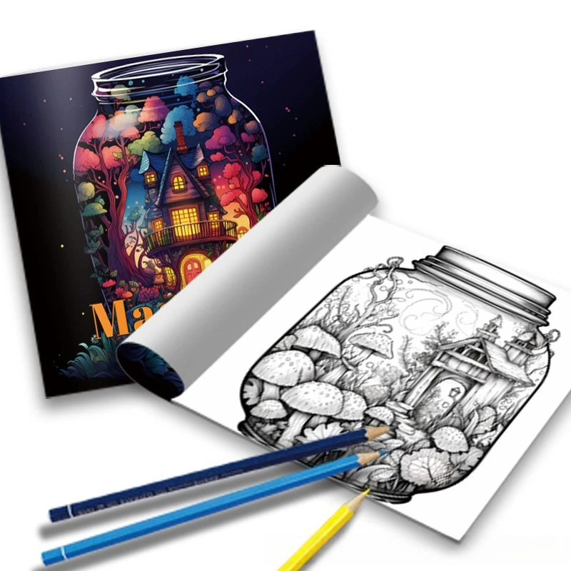 Livre de coloriage Magic Jar : Mini maison féerique, forêt, arbre, fantaisie magique, livre de dessin anti-stress