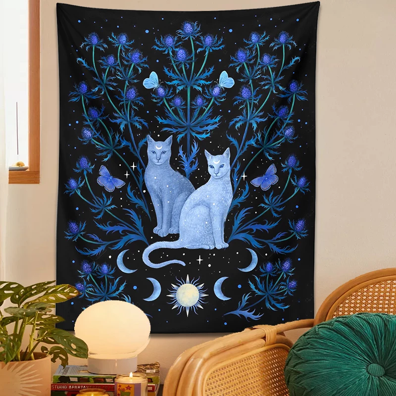 Blue Thistle Cat Tapestry Wall Hanging Psychedelic Moon Sun Moth Cat Leaf Flower Divination Occult Home Wall Black Cool Decor