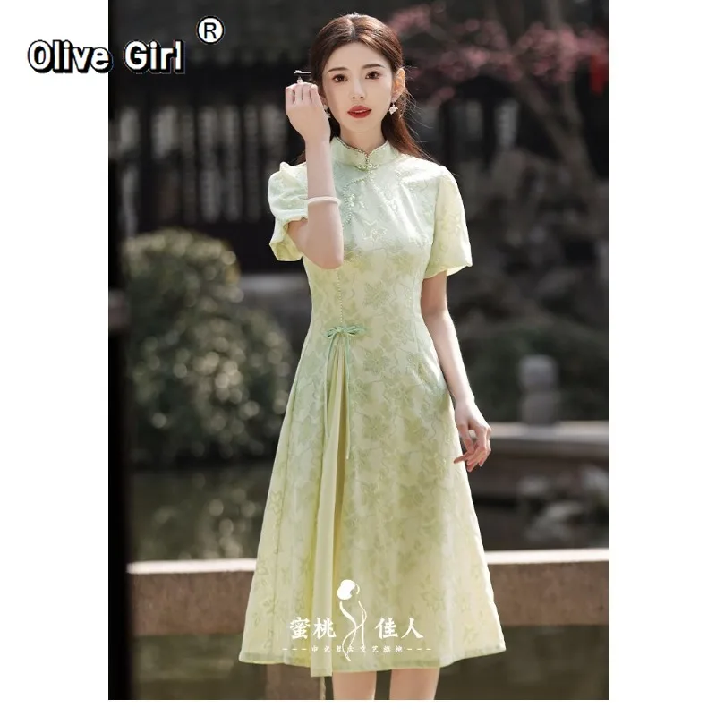 olivegirl-グリーンドレス袍エレガントなチャイナドレスジャカード-2026-夏若い女の子中国風のドレスロング婦人服