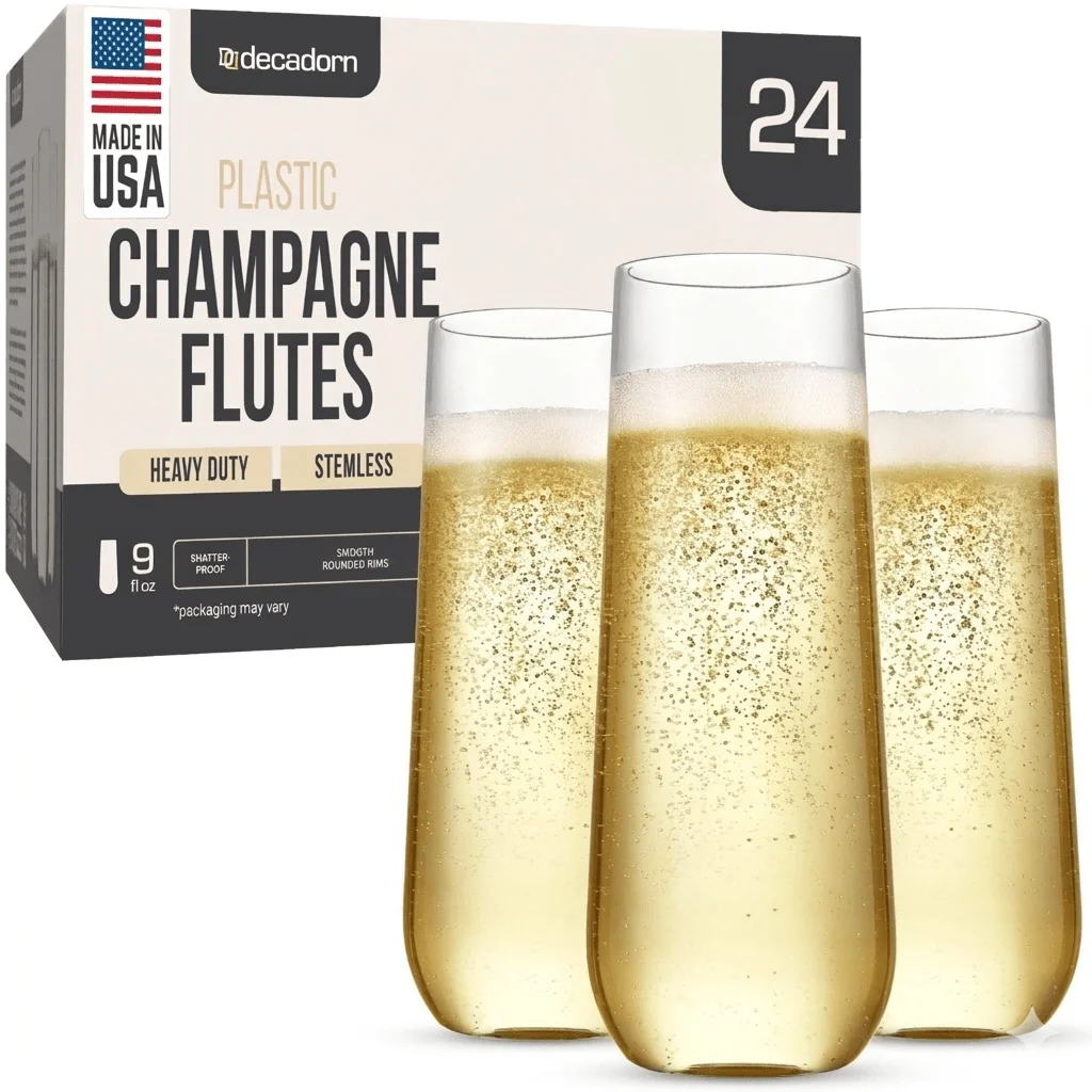 

Plastic Champagne Flutes Stemless 24 pcs 1/2/3/4pack - 9oz Clear Plastic Champagne Glasses - Durable and Sturdy Mimosa Glasses For Parties - Shatterproof, Smooth Rims.
