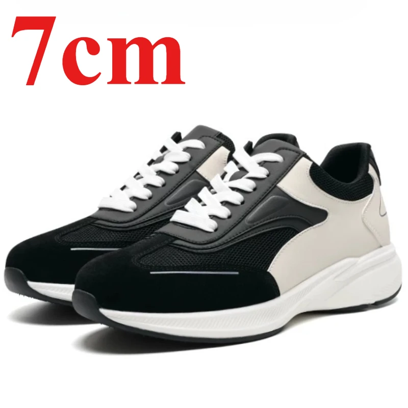 Invisible Height-increasing Shoes for Men's 7cm Elevator Sports Leather Mesh Breathable Thick Bottom Daddy Shoes Casual Sneakers