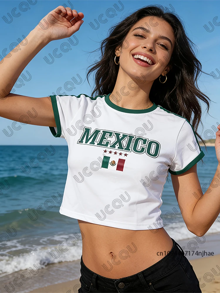 Sommerliches T-Shirt mit New-Mexico-Flagge für Damen, kurzärmeliges Crop-Top, Streetwear, Vintage-Ästhetik, O-Ausschnitt, lässige Y2k-Tops – Detail 8