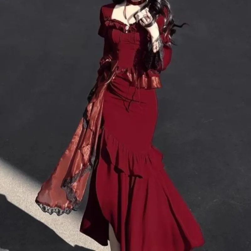 

Women New Red Elegant Slimming Dress French Retro Fashion Split Birthday Party Banquet Dress Women Ruffle Patchwork Maxi Dress