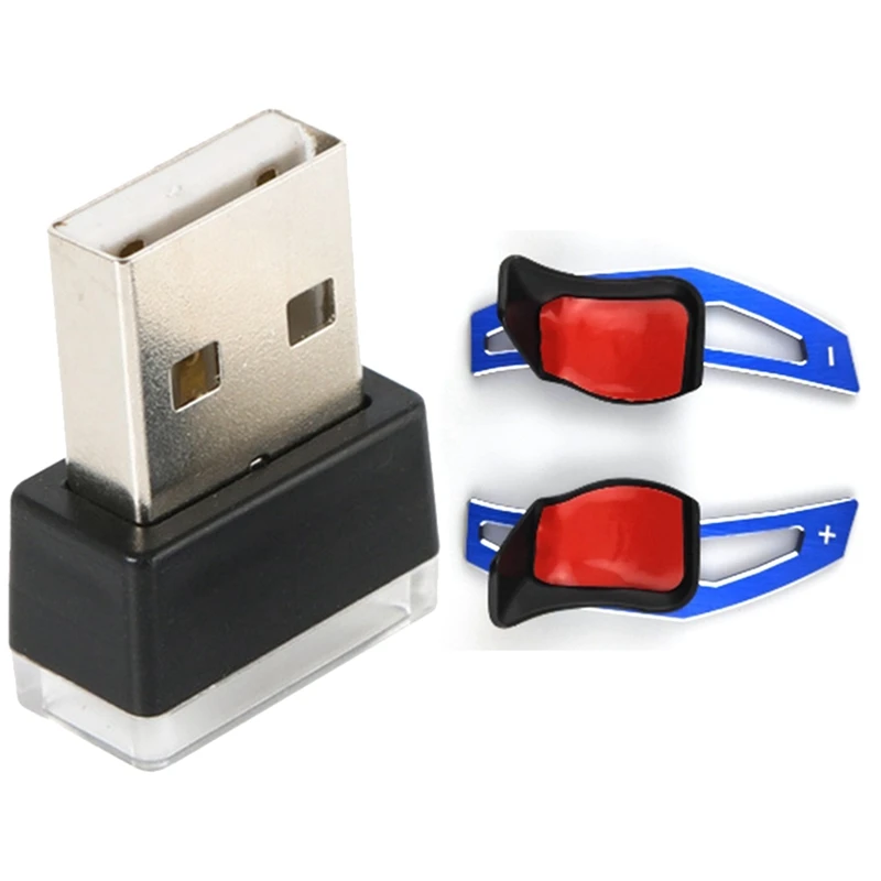 3 Pcs Car Accessories: 1 Pcs Mini Portable Mini USB Led Car Light & 2 Pcs Steering Wheel Shift Paddle Blue