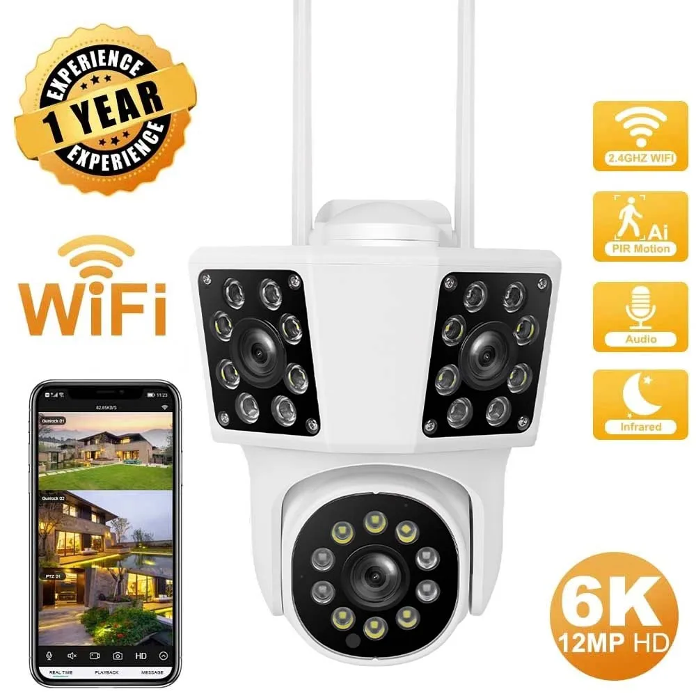 Outdoor External 6K FHD IP Camera Three Lens WiFi Camera 4K Dual Screen Auto Tracking Security PTZ Camera Surveillance IPC360