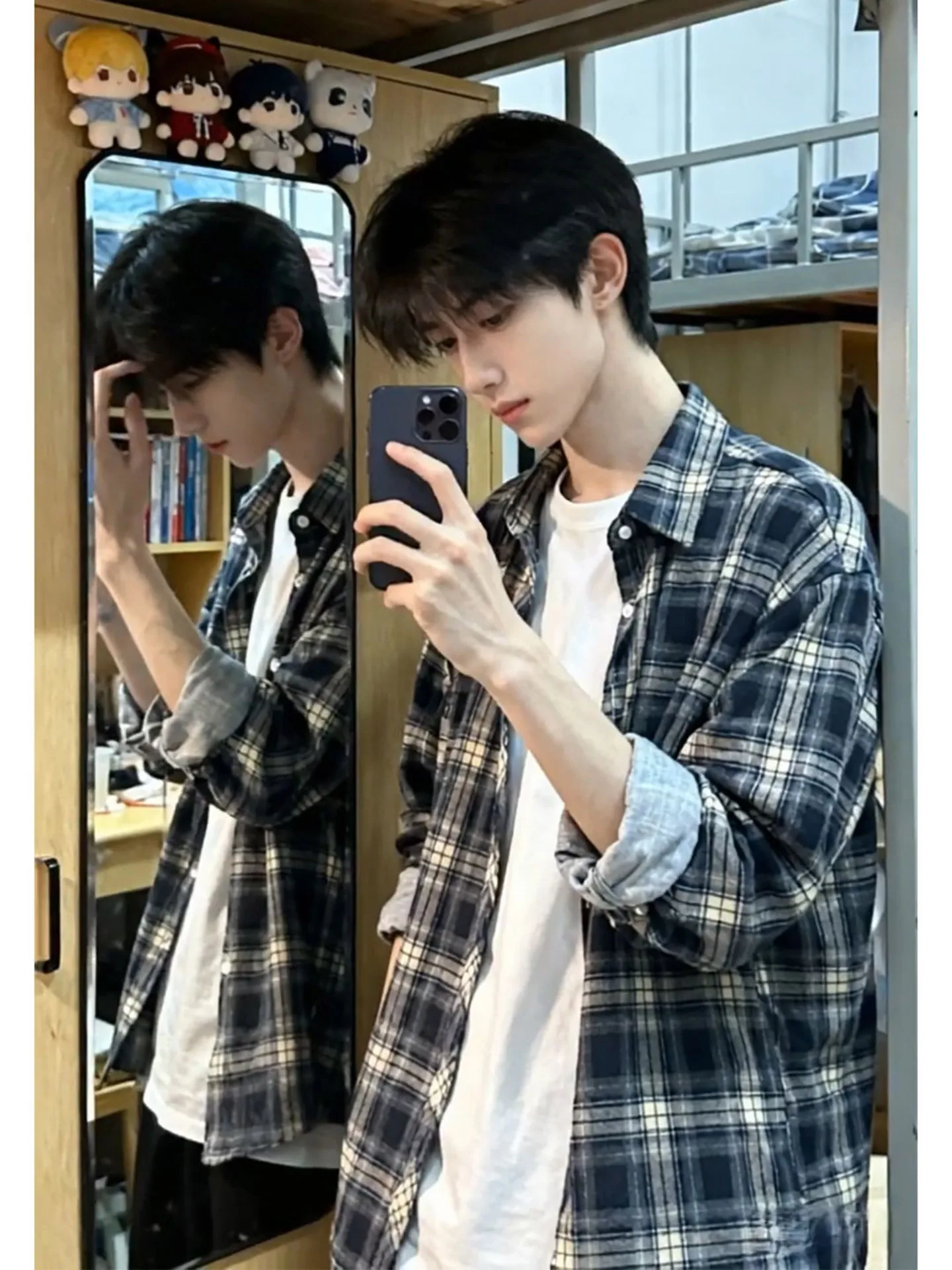  Plaid Long Sleeve Shirt for Men Autumn Cleanfit American Style Sun Protection Outerwear Casual Fashion Youth Popular