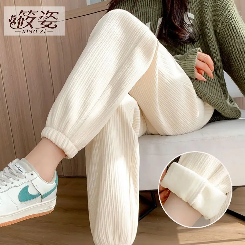 

Women Autumn Winter Fleece Office Lady Loose Solid Color High Waist Appear Thin Sweatpants Ladies Casual All-match Trend Harem