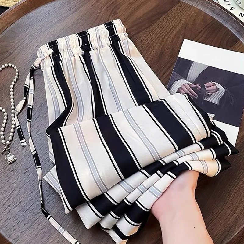 

Fashionable Striped Wide-Leg Pants for Women Summer Lightweight High-Waist Slimming Draping Floor-Length