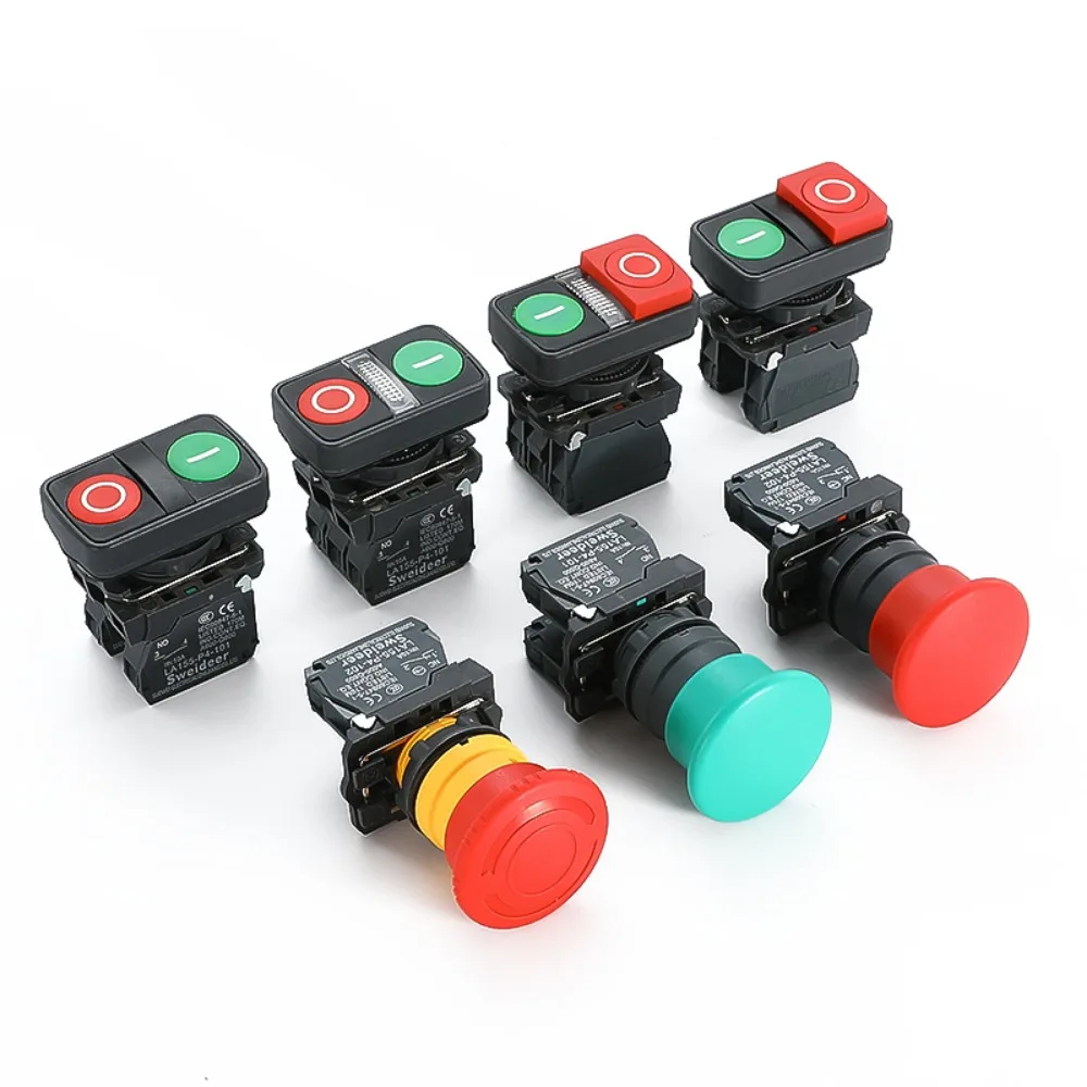 XB4 22mm Emergency Stop Button Switch Double Button Switch with Light Momentary Self Reset Mushroom Power Push Button Switch 10A