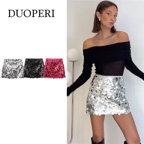DUOPERI, moda Y2K para mujer, minifalda lisa con lentejuelas, sexy, cintura alta, cremallera lateral, faldas elegantes para mujer