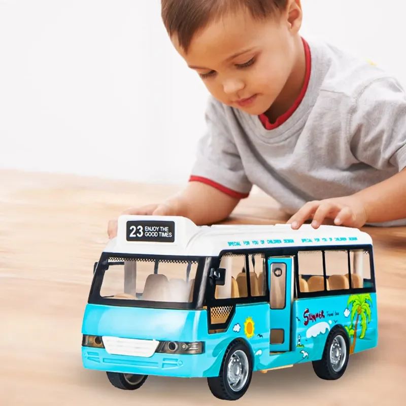 Zabawki Autobus Miejski dla Maluchów Auta dla Chłopców Dziewczynek Autobus Model z Napędem Pull Back Dźwiękiem Światłem i Otwieranymi Drzwiami