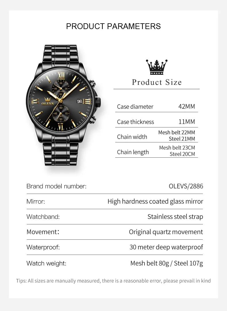 OLEVS 2886 Men\'s Watches Black Stainless steel High Quality Multifunctional Small Dial Watch Man