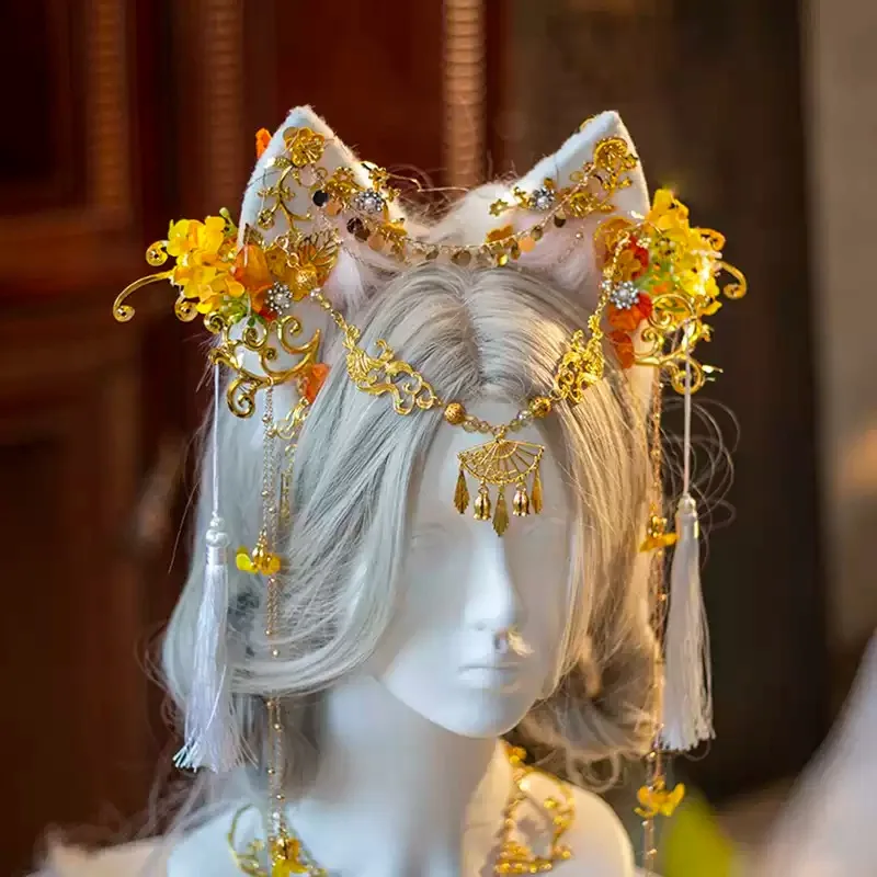 Gold Animal Ear Headband, Glowing Gold Osmanthus Flower Hair Hoop with Tassel, Mid-Autumn Festival Hair Accessories for Women