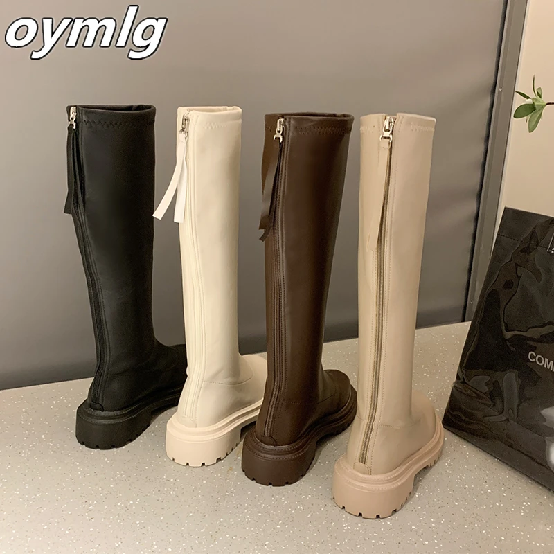 Botines de charol para Mujer, Botas largas de charol con punta redonda, color Beige, color negro, a la moda, para invierno