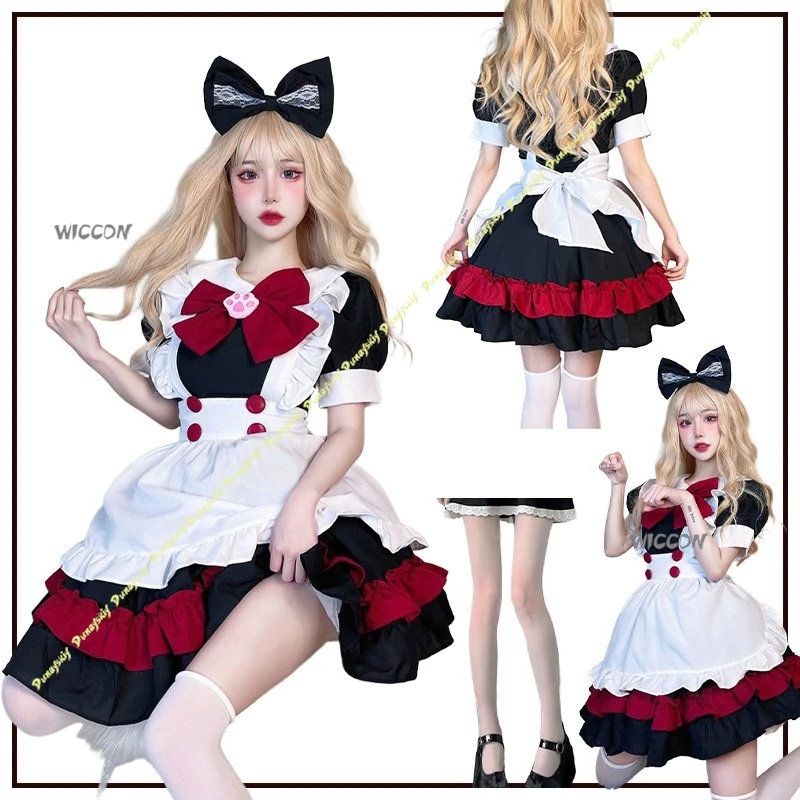 

Cosplay Costumes Maid Gothic Dark Red School Lolita Girls Dress Stockings Skirt Y2k Bow Headwear Women Party Christmas Halloween