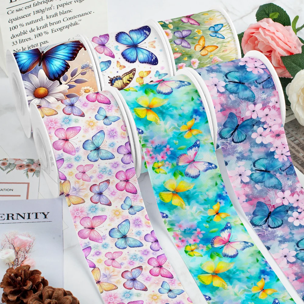 5 Yards Cartoon Watercolor Butterfly Printed Grosgrain Ribbon for Cheer Bows DIY Girl Headwear Hair Bows Satin Ribbon