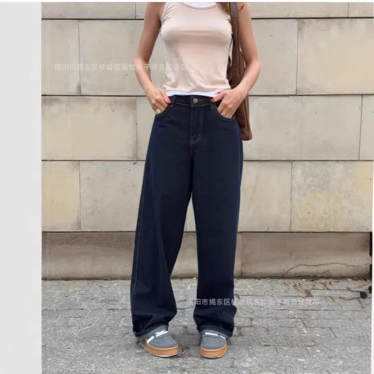 2026 Women's Y2K Dongdaemun Navy Wide Leg Denim Pants Loose Fit Draped Trousers Casual Spring Drag Length Jeans