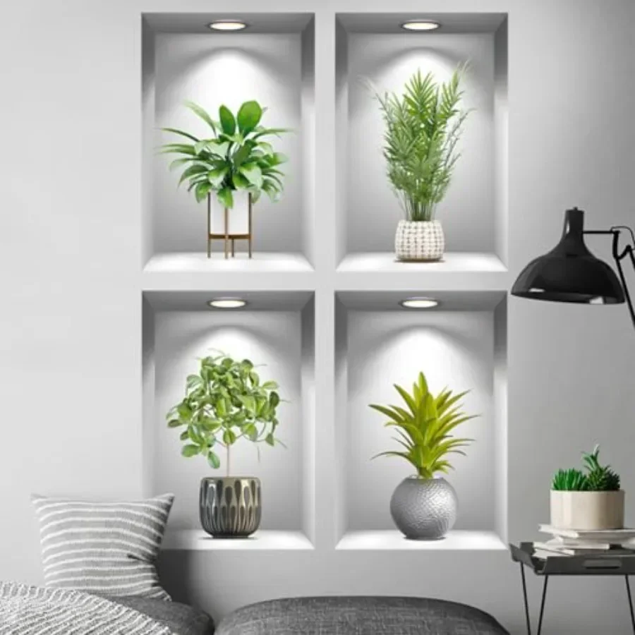Tropical Plant Wall Sticker Green Plant Potted Wall Decal Peel and Stick Green Leaves Wallpaper 3D Fake Bonsai Removable Wall S