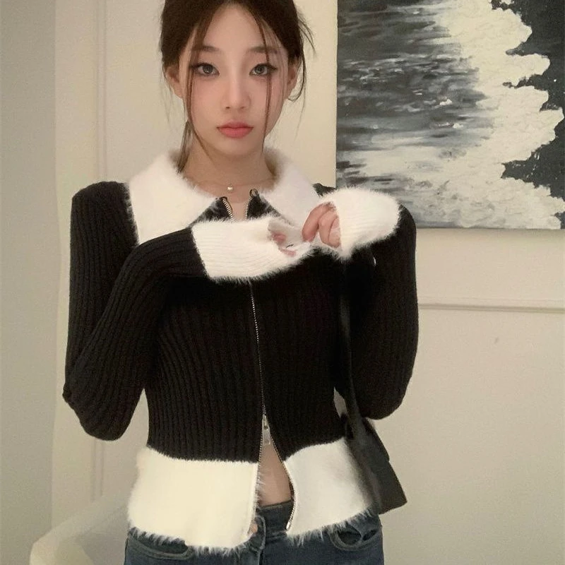 Süße Patchwork Strickjacken für Frauen drehen-unten Kragen Sexy Crop Pullover Schlank Zarte Feminine Herbst Ulzzang Alle-spiel chic Mujer