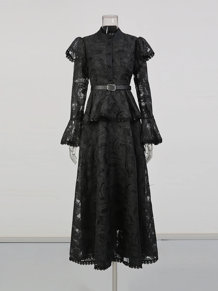 투트윈스타일 솔리드 프린팅 시스루 스플라이스 벨트 패션 드레스 여성용 라운드넥 긴팔 패치워크 버튼 드레스