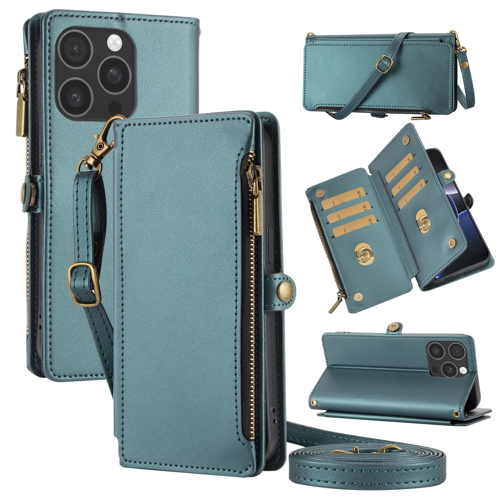 Handyhülle im Wallet-Stil mit mehreren Kartenfächern und langem Riemen zum Umhängen, Schutzhülle mit Reißverschluss für Münzen, Kunstleder-Schutzhülle für iPhone 17 Pro Max/16/15/14/13 – Detail 3