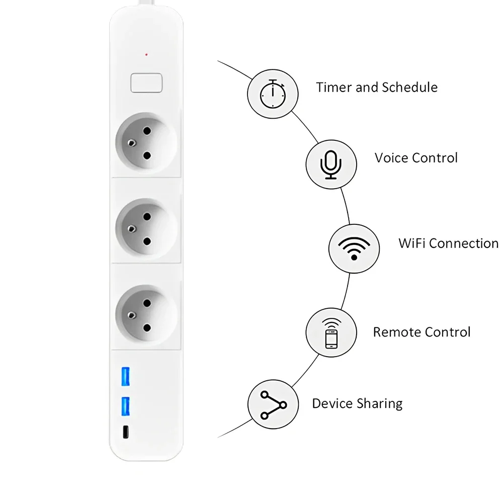 Melery Tuya Smartlife Wifi Smart Power Strip USB Type-C Charge French Type Electric Plug Socket Remote by Google Home Alexa