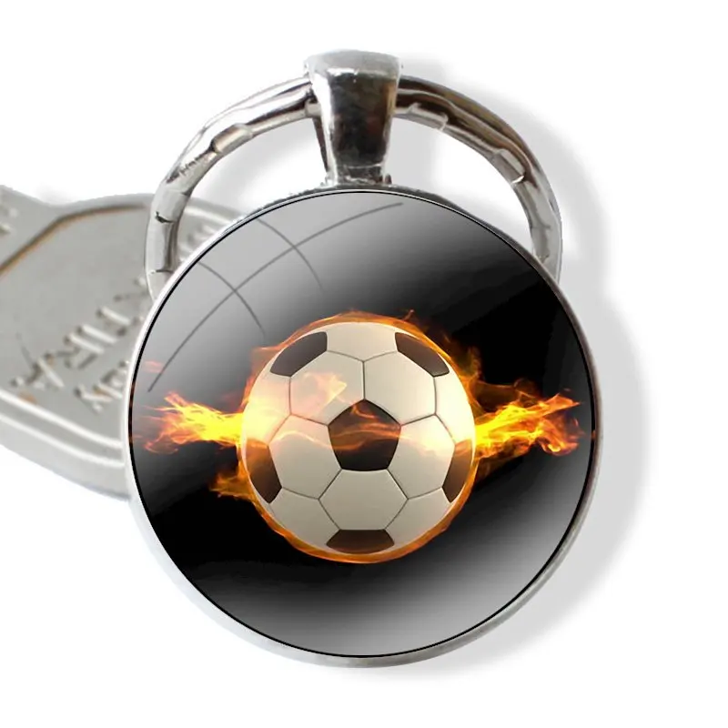 25mm Glass Cabohcon Keychain Key Rings for Women Men Jewelry Gift Soccer Ball on water burning fire sports