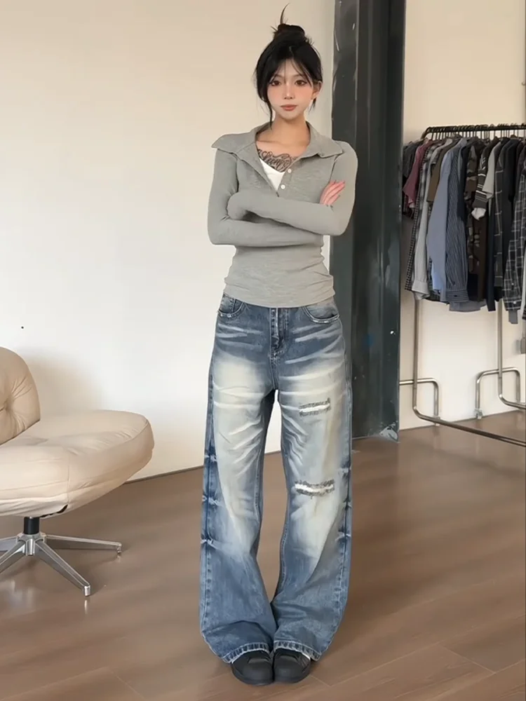 

Retro American Large Size Denim Jeans Women's Washed Distressed Straight Leg Loose Drapey Slimming High Waist Casual Jeans