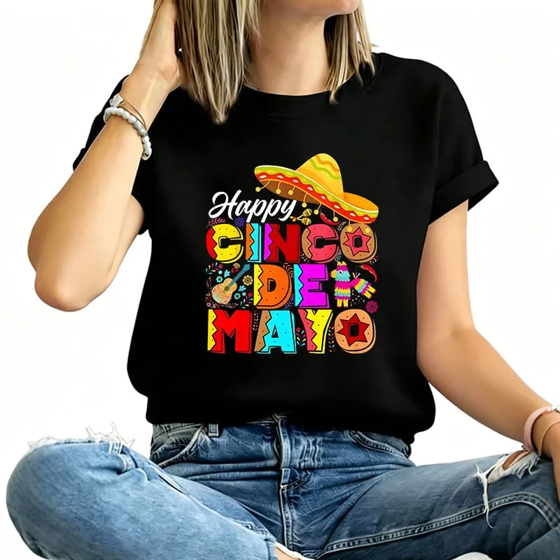 Happy Cinco De Mayo Women's T-Shirt 100% Cotton Funny Graphic Short Sleeve Tee Novelty Shirt Casual Crew Neck Top S-5Xl